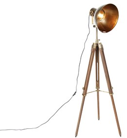 Priemyselná trojnohá stojaca lampa bronzová s drevom - Mangoes