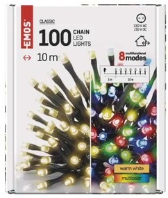 EMOS LED vonkajšia vianočná multifunkčná reťaz CLASSIC 2V1, 100xLED, 10m, teplá biela/viacfarebné svetlo,