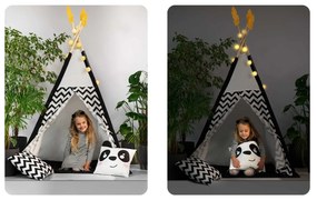 Detský stan tipi s girlandou a svetlami Nukido biely a čierny s pandou