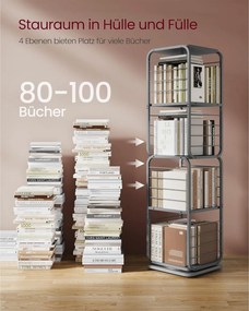 4-poschodová otočná polica na knihy, knižnica s oceľovým rámom, sivá