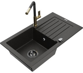 Mexen Pablo, 1-komorový granitový drez 752x436x161 mm a drezová batéria Flora, čierna-zlatá metalíza, 6510-75-670401-57-B