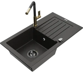 Mexen Pablo, 1-komorový granitový drez 752x436x161 mm a drezová batéria Flora, čierna-zlatá metalíza, 6510-75-670401-57-B
