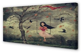 Obraz canvas Strom vtáky mraky dievča rocková 125x50 cm