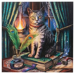 Svietiaci obraz na plátne s mačkou a knihou