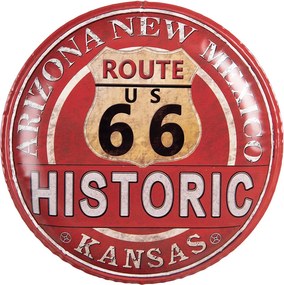 Červená nástenná kovová ceduľa na stenu Route 66 - Ø 35*2 cm
