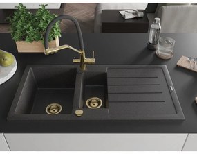 Mexen Andres, granitový drez 1000x500x200 mm, 1,5-komorový a drezová batéria Duo, čierna škvrnitá, 6515-76-671701-57-G