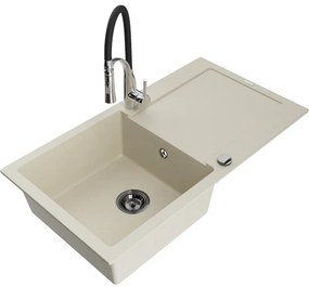 Mexen Leo, granitový drez 900x500x190 mm, 1-komorový a drezová batéria Aster, béžová, 6501-69-73450-07-B