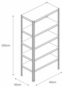Skrutkový kovový regál 200x60x50cm, 5 políc