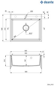 Deante Andante, granitový drez 600x520x210 mm + priestorovo úsporný sifón, 1-komorový, piesková, ZQN_7103