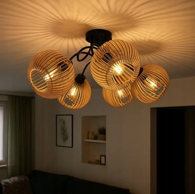 Drevená LED stropná lampa na zavesenie 5xE27 pre krásnu a priestrannú miestnosť