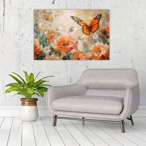 Obraz - Motýľ a kvety, olejomaľba (90x60 cm)