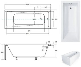 D‘Eluxe - VANE - Obdĺžniková akrylátová Vaňa CLASSIC SET x, , MW02SET13 + Krycí predný a bočný panel + vaňová zástena 80,5x140cm + automatický sifón (chrómový) Klasická obĺžniková vaňa lesklá biela 130 70 55.5 130x70x55,5