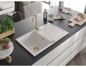 Mexen Bruno, granitový drez 795x495x200 mm, 1-komorový, biela so zlatým sifónom, 6513791010-20-G