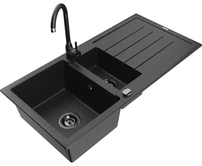 Mexen Andres, granitový drez 1000x500x200 mm, 1,5-komorový, čierna - strieborná metalíza s čiernym sifónom a čierna drezová batéria Telma, 6515-73-670200-70-B