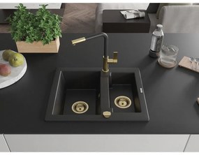 Mexen Carlos, 1,5-komorový granitový drez 582x475x177 mm a drezová batéria Flora, čierna, 6518-77-670401-57-G