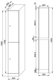 Šatníková skrinka s úložnými boxmi, 2 boxy, 1850 x 300 x 500 mm, zámok s čítačkou RFID kariet, modré dvere