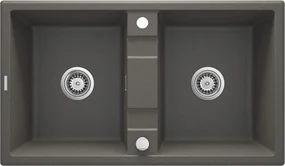 Deante Eridan, granitový drez na dosku 860x500x220 mm B/O, 3,5" + priestorovo úsporný sifón, 2-komorový, antracitová metalíza, ZQE_T203