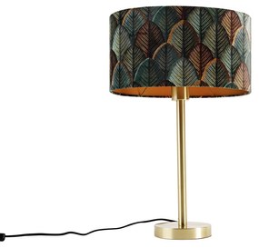 Stolná lampa mosadzná s oválnym zamatovým tienidlom s motívom listov 35 cm - Simplo