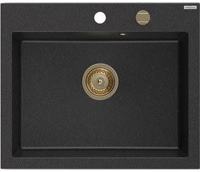 Mexen Elix, 1-komorový granitový drez 600 x 500 mm, čierna/strieborná metalíza, zlatý sifón - 6525601005-73-G