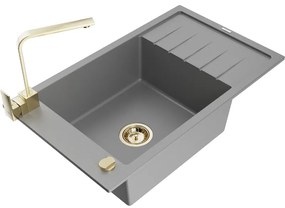Mexen Elias, granitový drez granitový 795x480x200 mm, 1-komorový, šedá so zlatým sifónom a zlatá drezová batéria Rita, 6511-71-670300-50