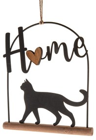 Kovová závesná dekorácia na drevenom základe Mačka, 16 x 18 cm