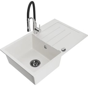 Mexen Bruno, 1-komorový granitový drez 795x495x200 mm a drezová batéria Aster, biela, 6513-20-73450-07-B
