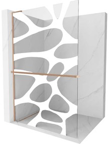 Mexen Kioto+ L, sprchová zástena Walk-In s poličkou a vešiakom 90 x 200 cm, 8mm číre sklo biely vzor, medený matný profil, 800-090-123-65-97