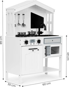 ECOTOYS Drevená kuchynka pre deti s rúrou, mikrovlnkou, 2 horákmi a 5 kovovými doplnkami