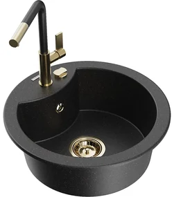 Mexen Diego, 1-komorový granitový drez 488x488x167 mm a drezová batéria Flora, čierna-strieborná metalíza, 6512-73-670401-57-G