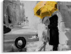 Obraz - Zamilovaný pár pod dáždnikom, žltý (70x50 cm)