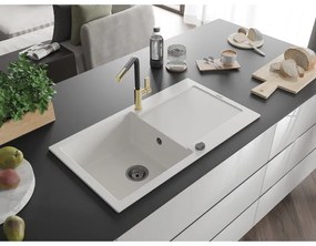 Mexen Leo, 1-komorový granitový drez 900x500x190 mm a drezová batéria Flora, biela, 6501-20-670401-57-B