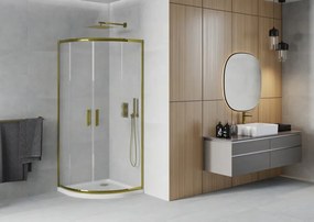 Mexen Rio, štvrťkruhový sprchovací kút s posuvnými dverami 80(dvere) x 80(dvere) x 190 cm, 6mm sklo námraza, zlatý profil + biela sprchová vanička SLIM, 863-080-080-50-30-4110G
