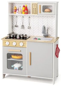 Drevená detská kuchynka s mikrovlnnou rúrou a sporákom a drezom a rúrou Detská kuchynka na hranie biela