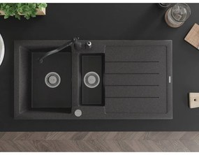 Mexen Andres, granitový drez 1000x500x200 mm, 1,5-komorový a drezová batéria Carla, čierna škvrnitá, 6515-76-670700-70