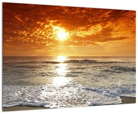 Obraz piesočného pobrežia pri západe slnka