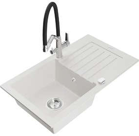 Mexen Pablo, granitový drez 752x436x161 mm, 1-komorový a drezová batéria Duo, biela, 6510-20-671701-07