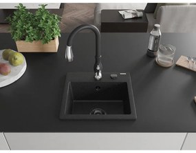 Mexen Milo, 1-komorový granitový drez 435x410x171 mm a drezová batéria Savita, čierna-strieborná metalíza, 6505-73-672601-70-B