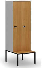 Drevená šatníková skrinka S4 s lavičkou, 2 oddiely, 1871 x 600 x 500/800 mm, demont, mechanický kódový zámok, sivá/buk
