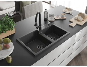 Mexen Tomas, 2-komorový granitový drez 800x500x190 mm a drezová batéria Elia, čierna škvrnitá, 6516-76-670101-70-B