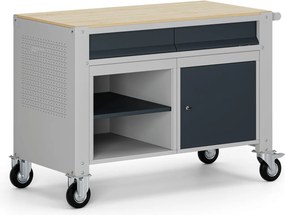 Pojazdný dielenský stôl G9, 1 polica, 1 skrinka, 2 zásuvky, 1180 x 595 x 865-1130 mm, sivá/grafit