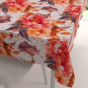 Biante Bavlnený obdĺžnikový obrus Sandra SA-600 Veľké červeno-ružovo-oranžové kvety pivonky na bielom 50x100 cm