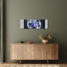 Obraz - Fialový motýľ na stene (s hodinami) (90x30 cm)
