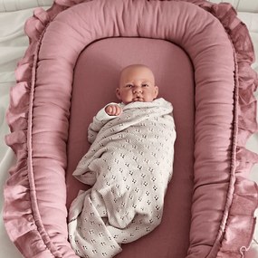 Ľanové hniezdo pre bábätko s volánom sýto ružová