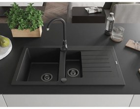 Mexen Matias, granitový drez 900x505x200 mm, 1,5-komorový a čierna batéria Telma, čierna, 6502-77-670200-70-B