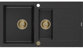 Mexen Matias, granitový drez 900x505x200 mm, 1,5-komorový, čierna-strieborná metalíza so zlatým sifónom, 6502901505-73-G