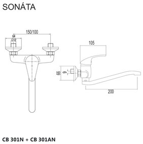 Mereo Mereo, Drezová nástenná batéria, Sonáta, s ramienkom plochým vyhnutým 200 mm, chróm, MER-CB301AN