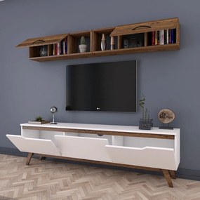 Set bieleho TV stolíka a nástennej skrinky v dekore orechového dreva Rani