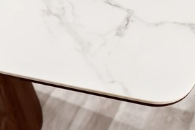 Jedálenský stôl UNIQUE 200 cm rám z tmavého orechového dreva dyhovaný keramický biely mramorový vrch