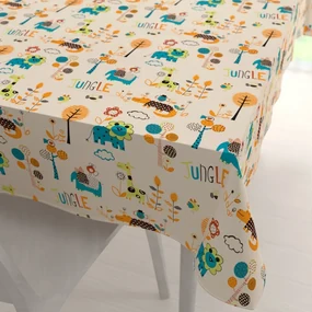 Biante Detský bavlnený obdĺžnikový obrus Sandra SA-008 Tyrkysové a oranžové zvieratká z džungle 120x200 cm