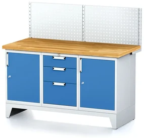 Alfa 3 Dielenský stôl MECHANIC I , perforovaný panel, 2 skrinky a zásuvkový box na náradie, 3 zásuvky, 1500x685x880 mm, modré dvere
